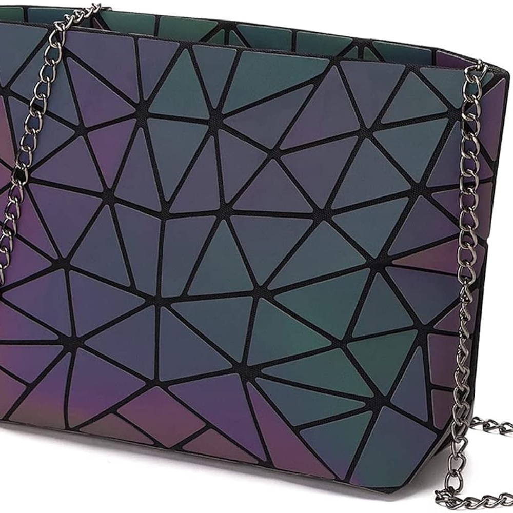 Purple iridescent holographic Geometric Clutch with Chain